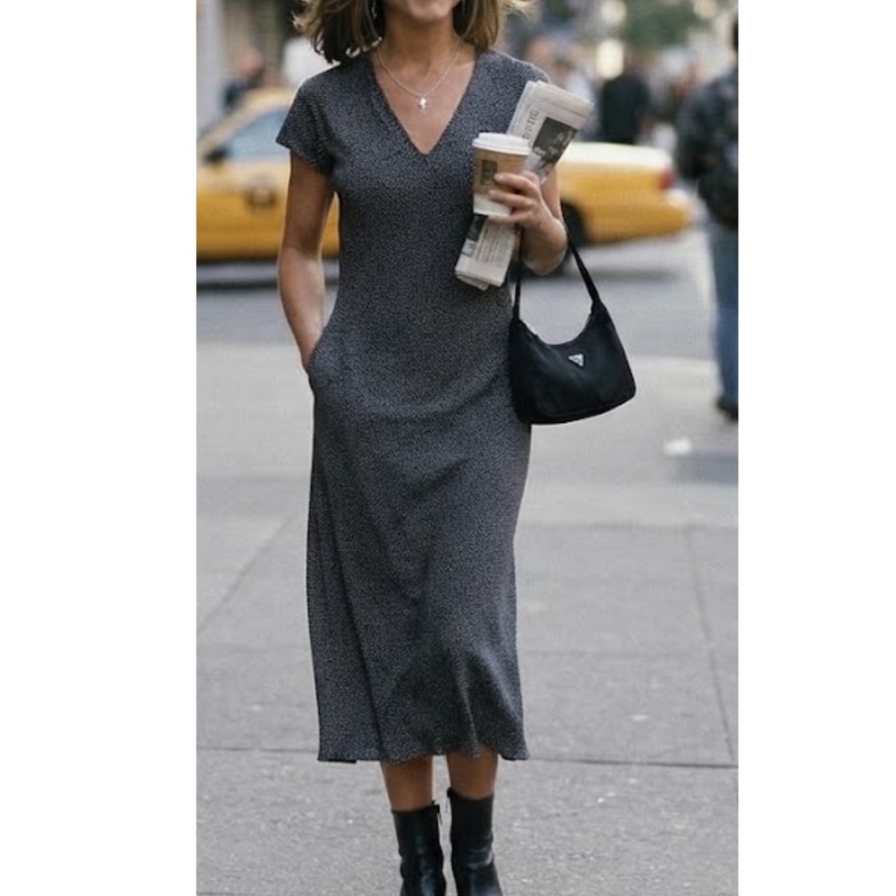 VTG 90s Casual Corner Stretch Silk Blend Midi Dress Black White Dot VNeck Size 6